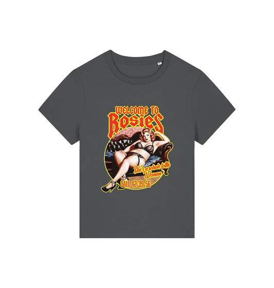grey music t-shirt with the graphic of a woman in her underwear and the slogan 'welcome to rosies'