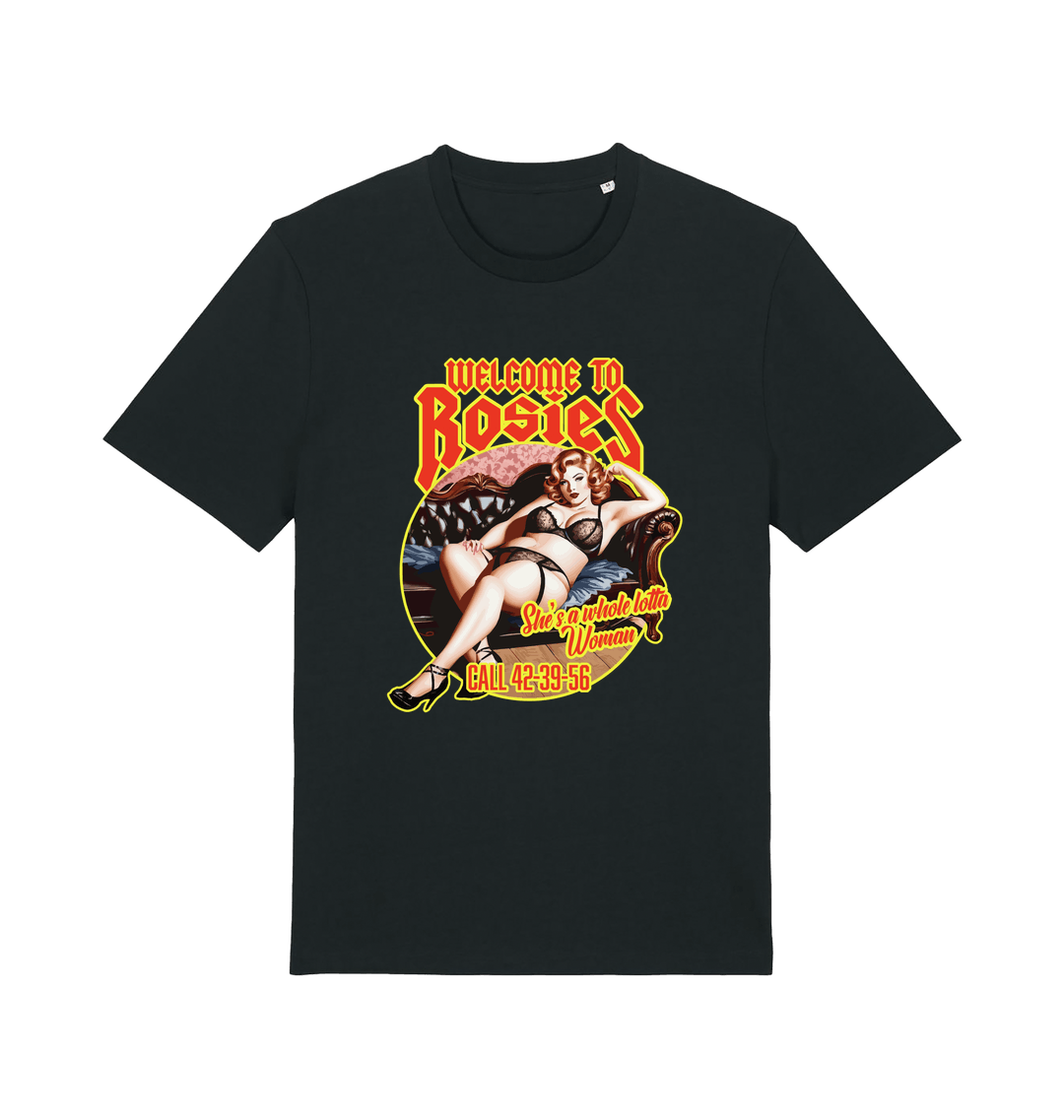 black music t-shirt with the graphic of a lady in underwear and the logan 'welcome to rosies'