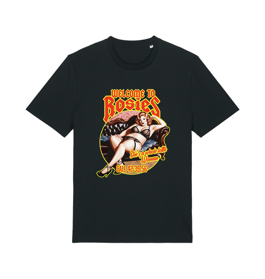 black music t-shirt with the graphic of a lady in underwear and the logan 'welcome to rosies'