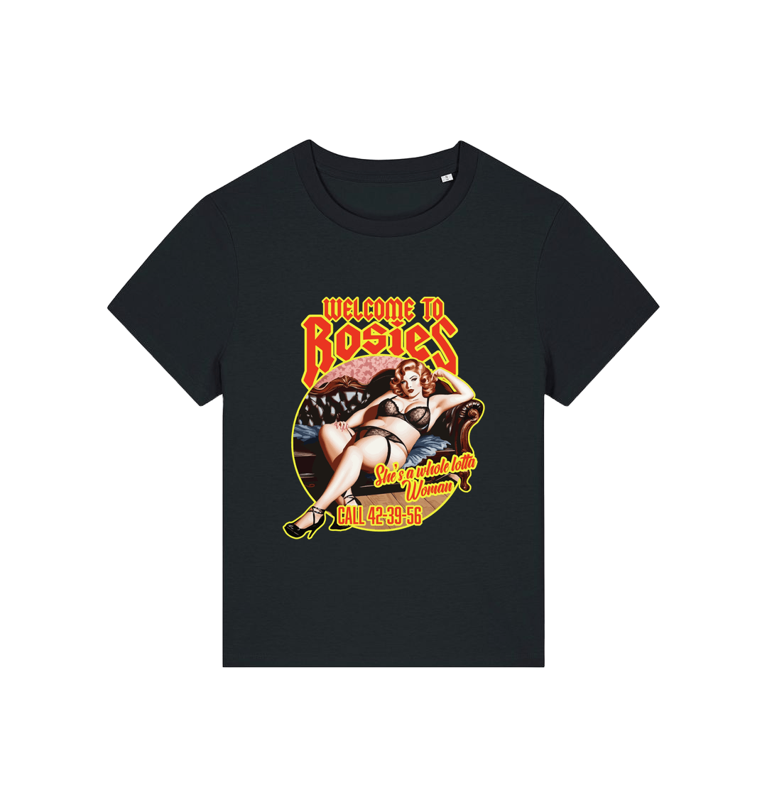 black music t-shirt with the graphic of a woman in her underwear and the slogan 'welcome to rosies'