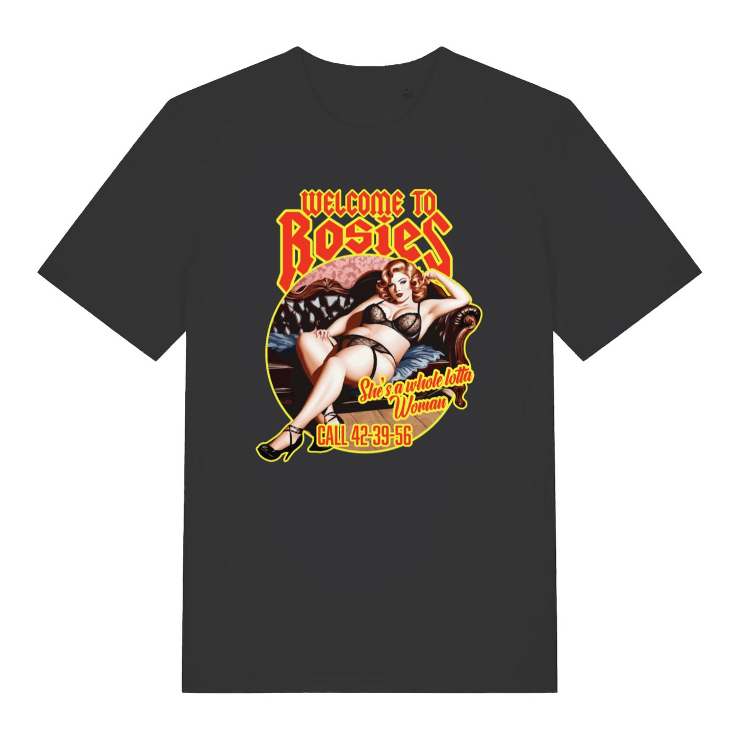 black women's music t-shirt with the graphic of a woman and the slogan 'welcome to rosies'