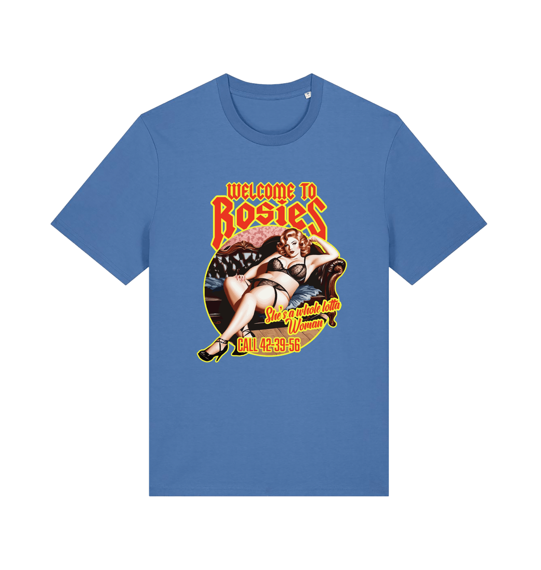 blue music t-shirt with the graphic of a lady in underwear and the logan 'welcome to rosies'