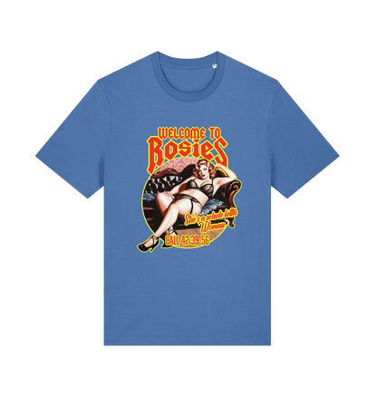 blue music t-shirt with the graphic of a lady in underwear and the logan 'welcome to rosies'