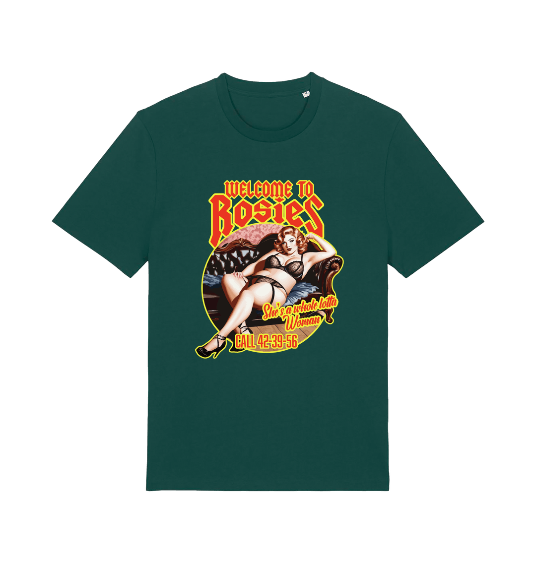 green music t-shirt with the graphic of a lady in underwear and the logan 'welcome to rosies'