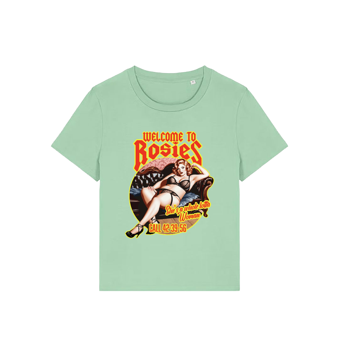 mint green music t-shirt with the graphic of a woman in her underwear and the slogan 'welcome to rosies'