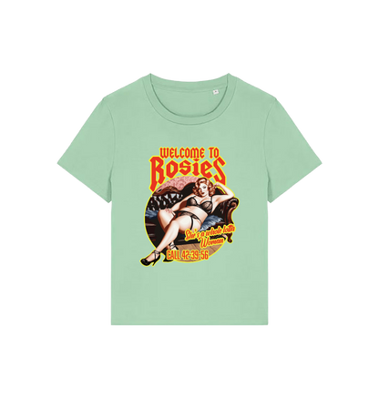 mint green music t-shirt with the graphic of a woman in her underwear and the slogan 'welcome to rosies'