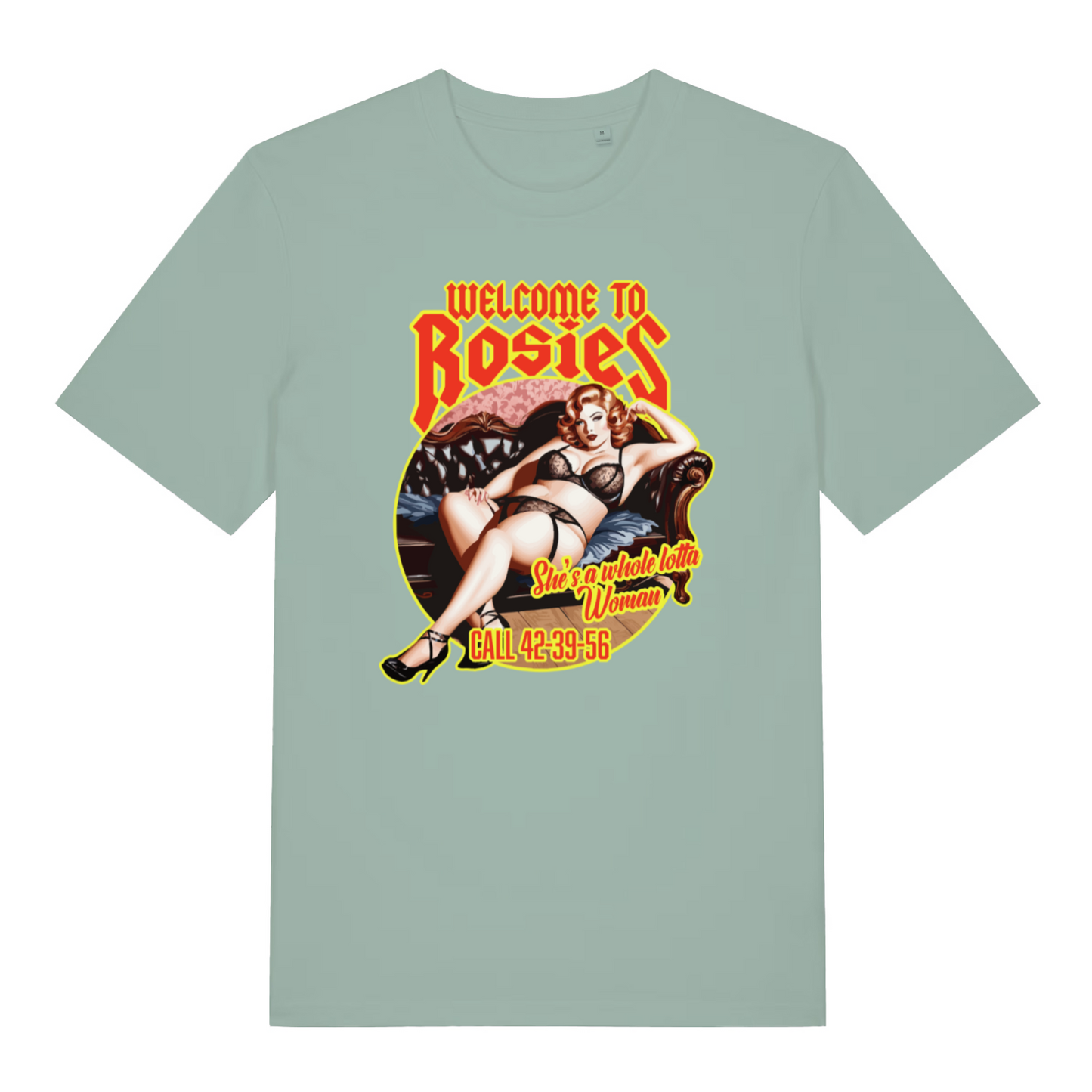 green women's music t-shirt with the graphic of a woman and the slogan 'welcome to rosies'