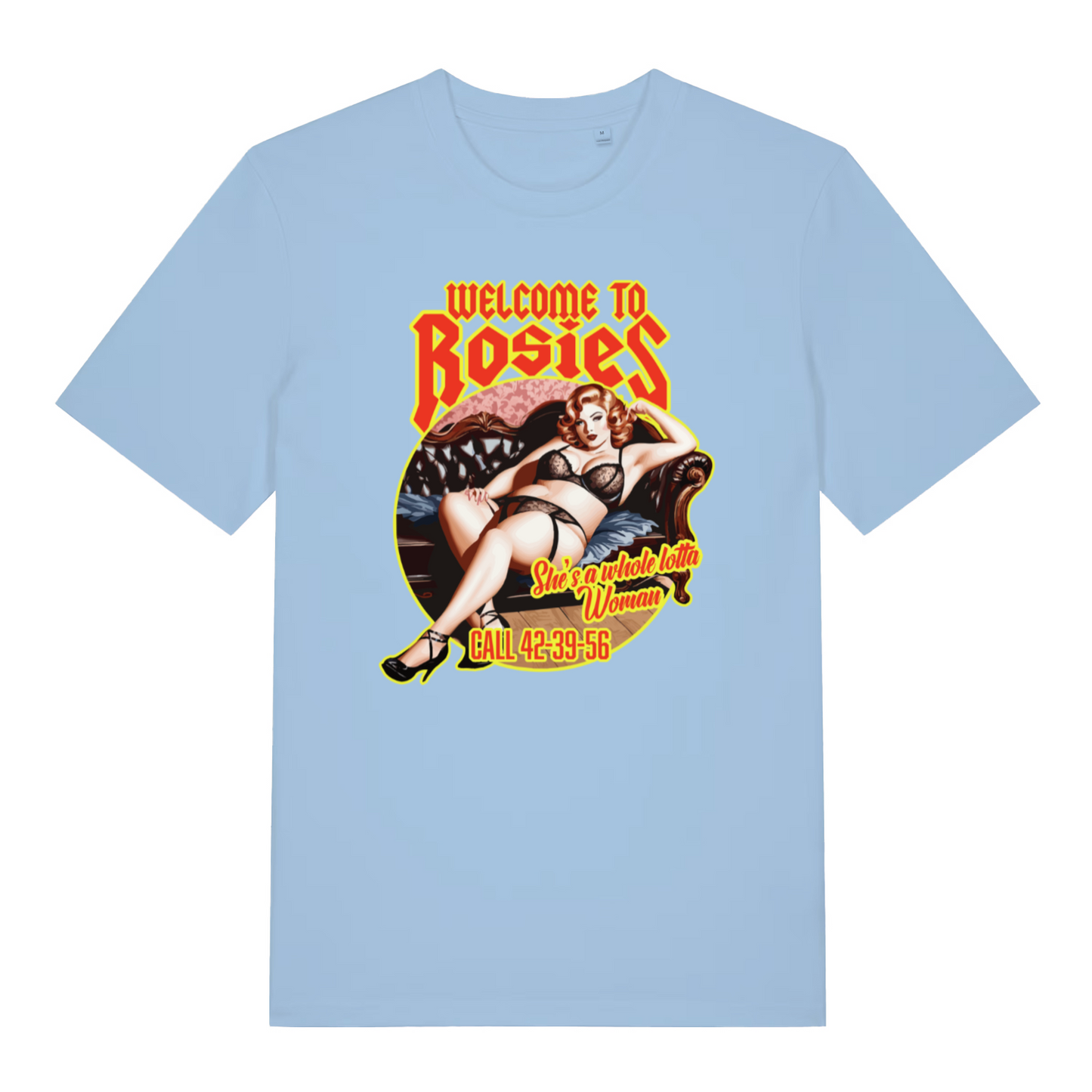 light blue women's music t-shirt with the graphic of a woman and the slogan 'welcome to rosies'