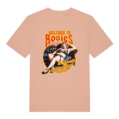 peach women's music t-shirt with the graphic of a woman and the slogan 'welcome to rosies'