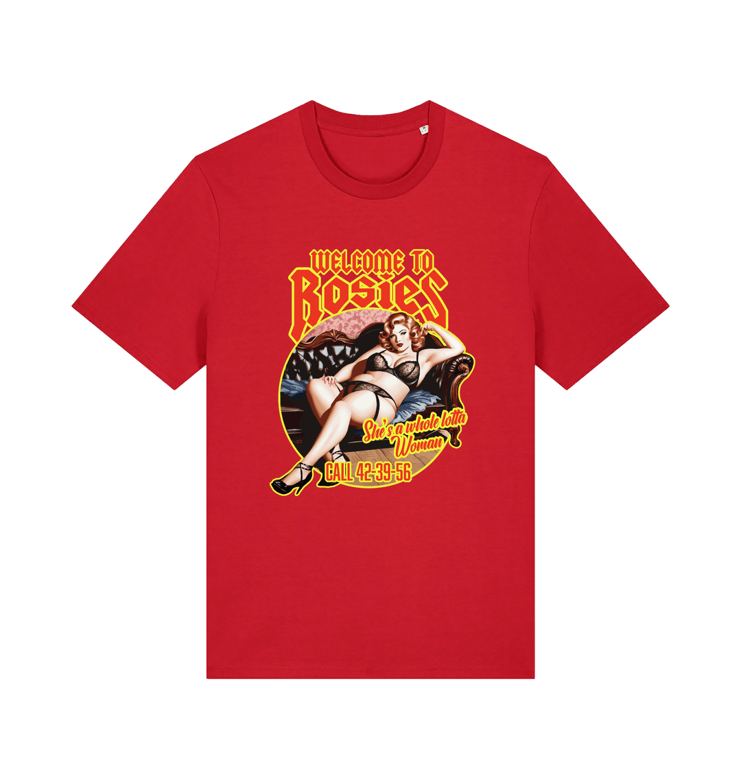 red music t-shirt with the graphic of a lady in underwear and the logan 'welcome to rosies'