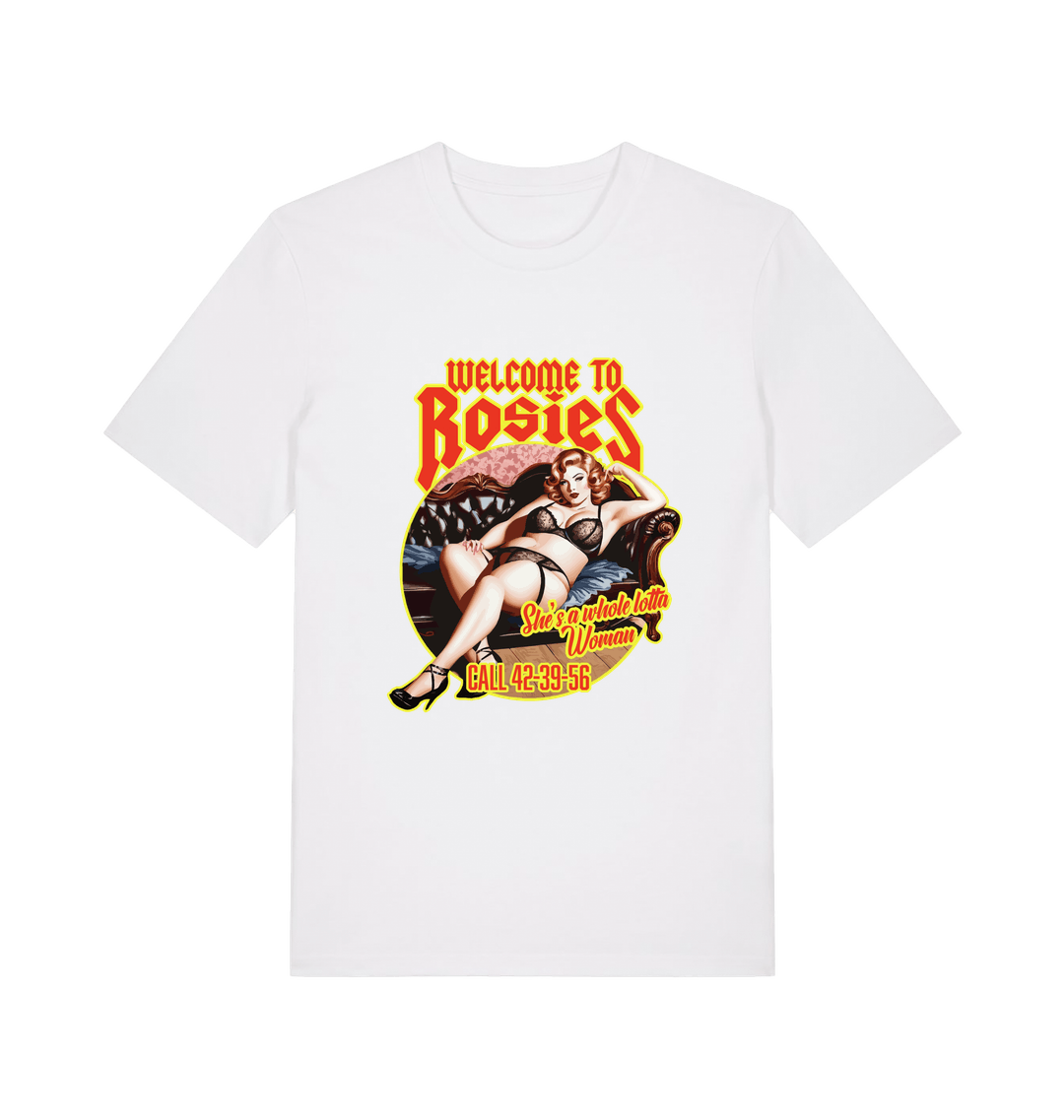 white music t-shirt with the graphic of a lady in underwear and the logan 'welcome to rosies'