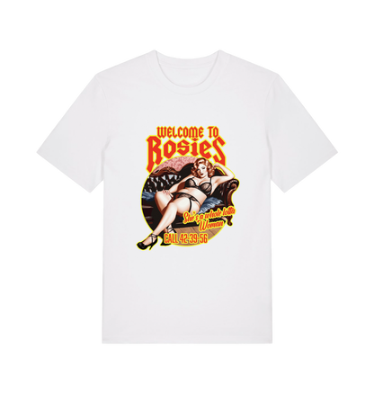 white music t-shirt with the graphic of a lady in underwear and the logan 'welcome to rosies'