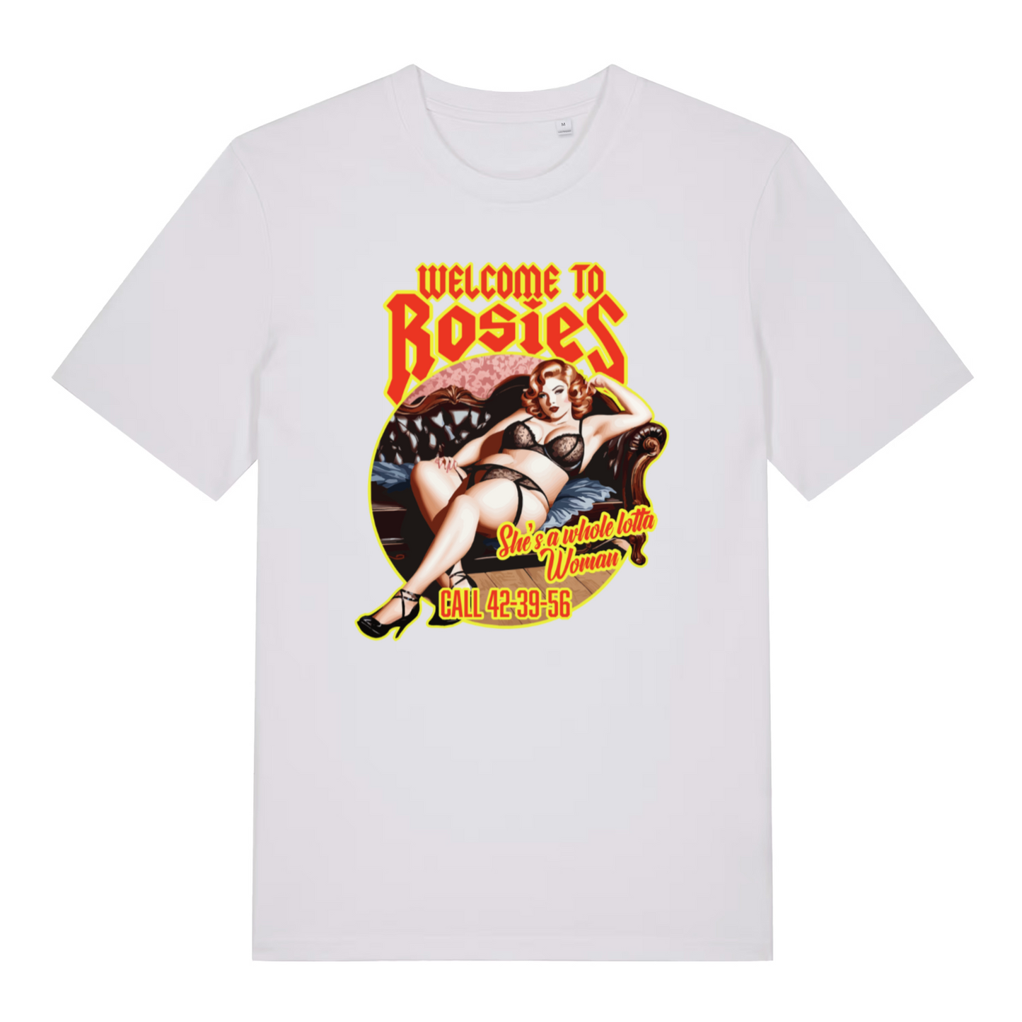white women's music t-shirt with the graphic of a woman and the slogan 'welcome to rosies'