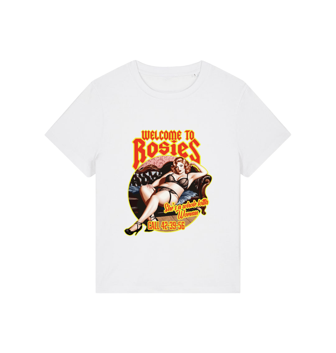 white music t-shirt with the graphic of a woman in her underwear and the slogan 'welcome to rosies'