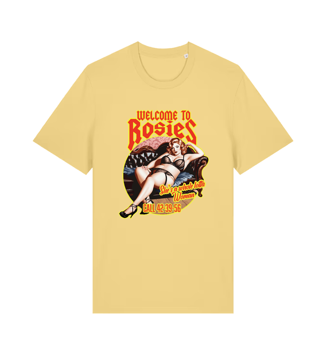 yellow music t-shirt with the graphic of a lady in underwear and the logan 'welcome to rosies'