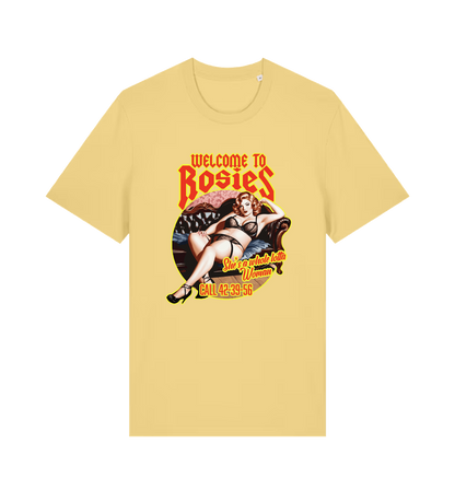 yellow music t-shirt with the graphic of a lady in underwear and the logan 'welcome to rosies'