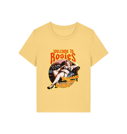 yellow music t-shirt with the graphic of a woman in her underwear and the slogan 'welcome to rosies'