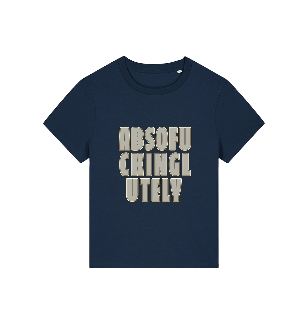 navy women's funny slogan t-shirt with 'absofuckinglutely'