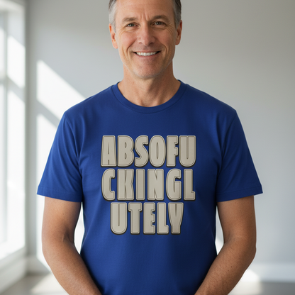 Man wearing a blue t-shirt with a funny slogan design in a bright room.