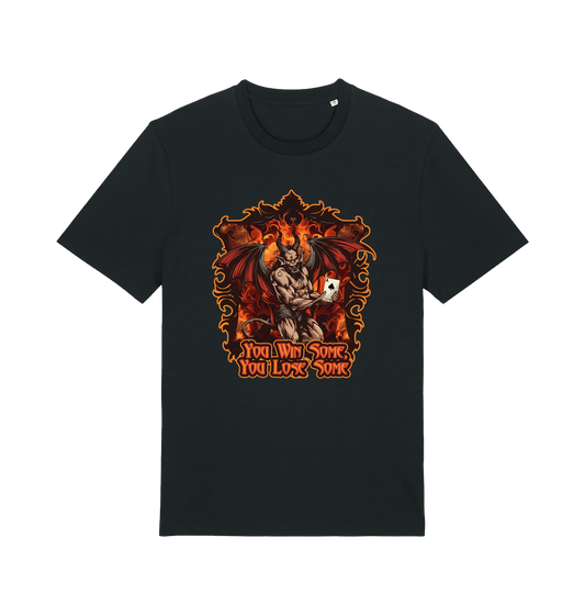 Black music t-shirt with the graphic of the devil holding a playing card