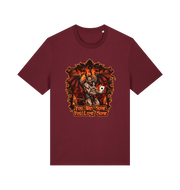 Burgundy music t-shirt with the graphic of the devil holding a playing card