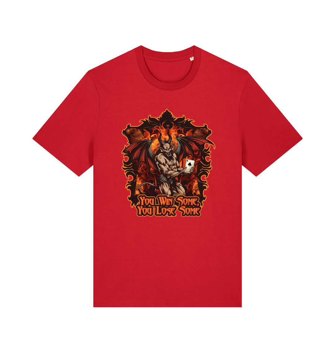 Red music t-shirt with the graphic of the devil holding a playing card