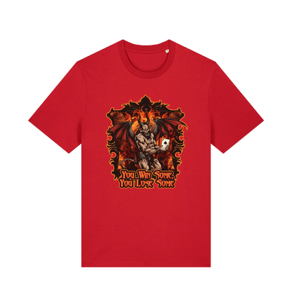 Red music t-shirt with the graphic of the devil holding a playing card