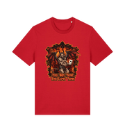 Red music t-shirt with the graphic of the devil holding a playing card