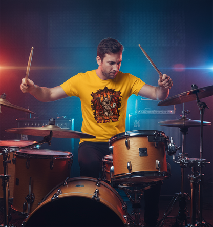 Man playing drums in a studio with colorful lighting