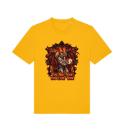Yellow music t-shirt with the graphic of the devil holding a playing card