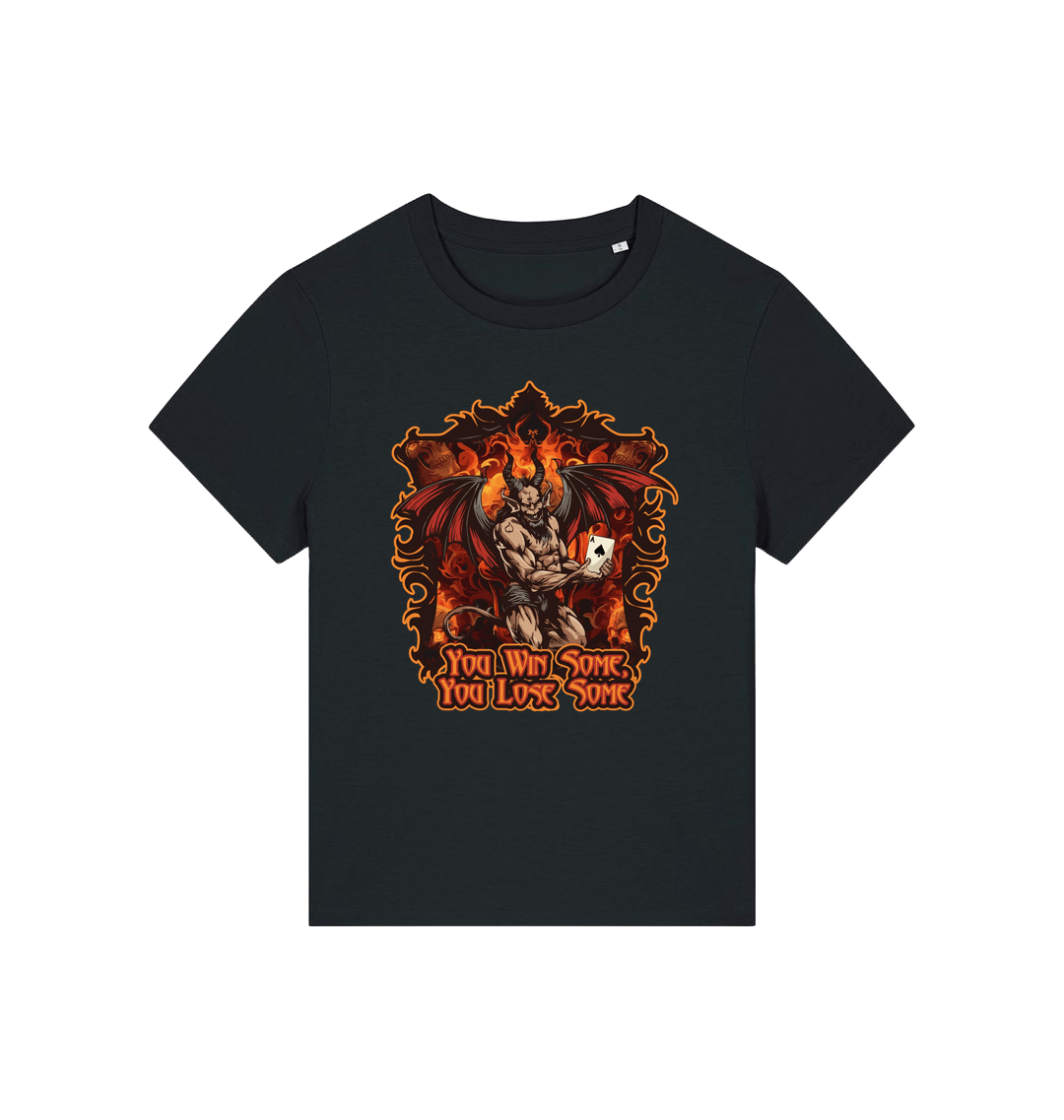 black womens music t-shirt with the graphic of a devil holding a playing card and the slogan 'you win some you lose some'
