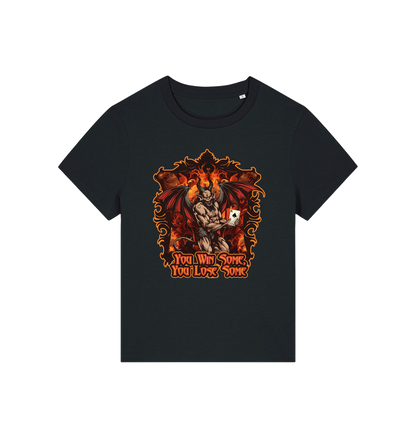 black womens music t-shirt with the graphic of a devil holding a playing card and the slogan 'you win some you lose some'