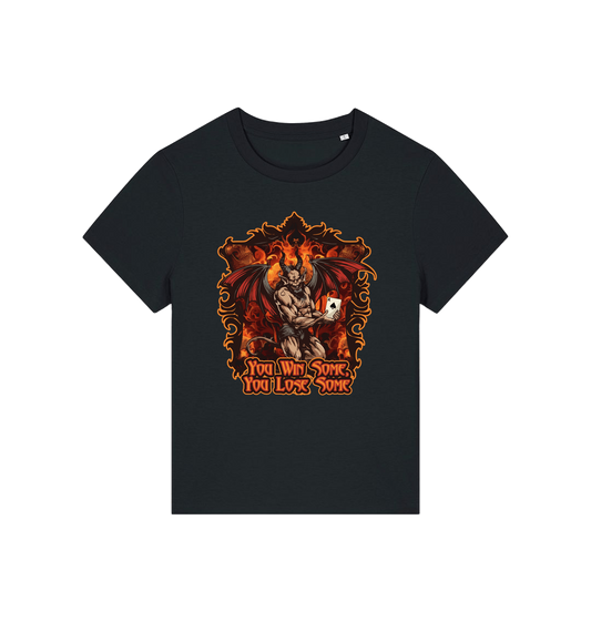 black womens music t-shirt with the graphic of a devil holding a playing card and the slogan 'you win some you lose some'