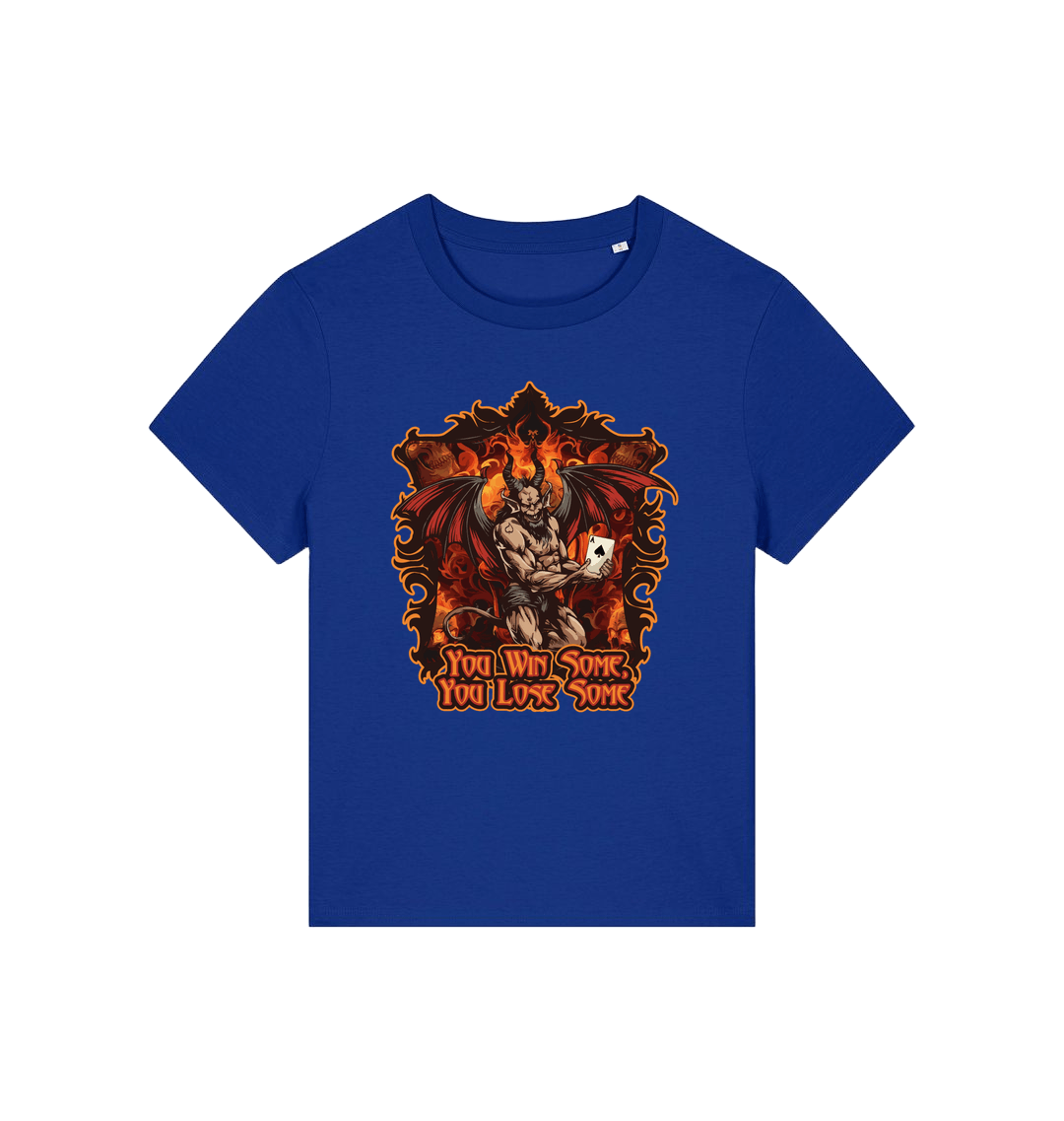 blue womens music t-shirt with the graphic of a devil holding a playing card and the slogan 'you win some you lose some'