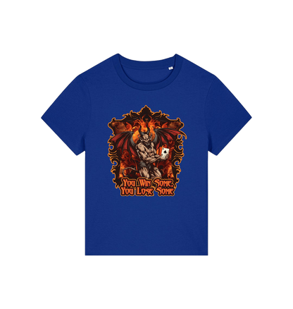 blue womens music t-shirt with the graphic of a devil holding a playing card and the slogan 'you win some you lose some'