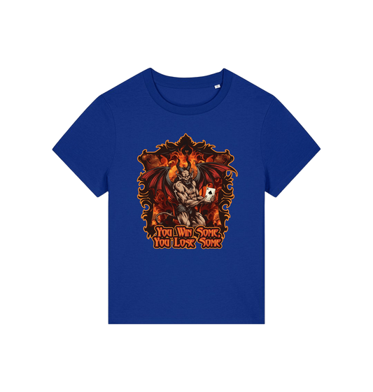 blue womens music t-shirt with the graphic of a devil holding a playing card and the slogan 'you win some you lose some'