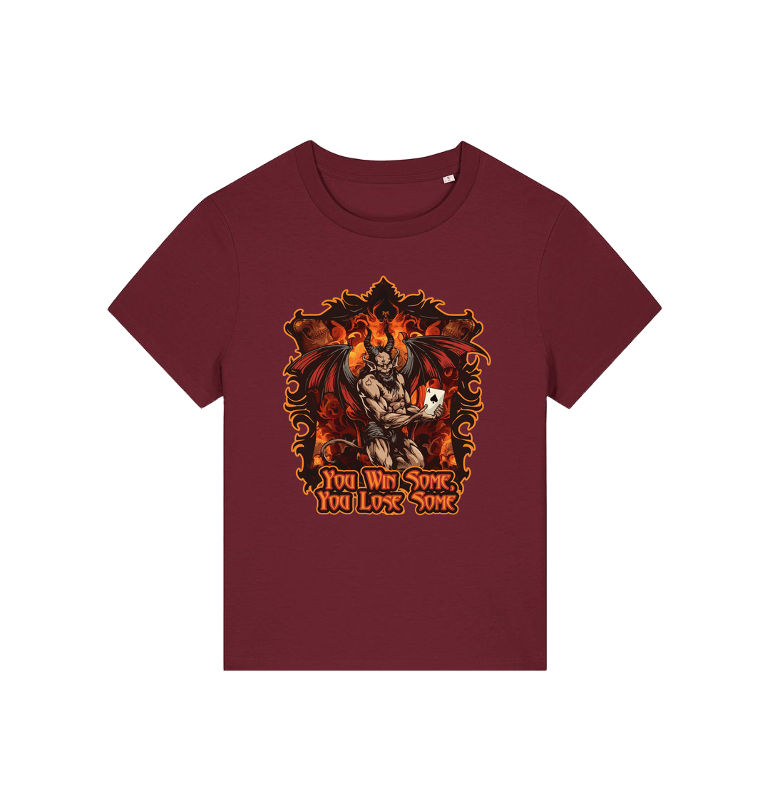 burgundy womens music t-shirt with the graphic of a devil holding a playing card and the slogan 'you win some you lose some'