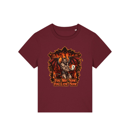 burgundy womens music t-shirt with the graphic of a devil holding a playing card and the slogan 'you win some you lose some'