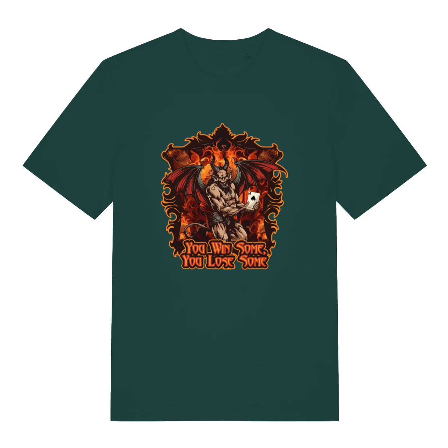 green women's music t-shirt with the graphic of a devil holding a playing card and the slogan 'you win some you lose some'