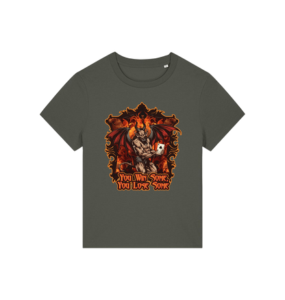 green womens music t-shirt with the graphic of a devil holding a playing card and the slogan 'you win some you lose some'