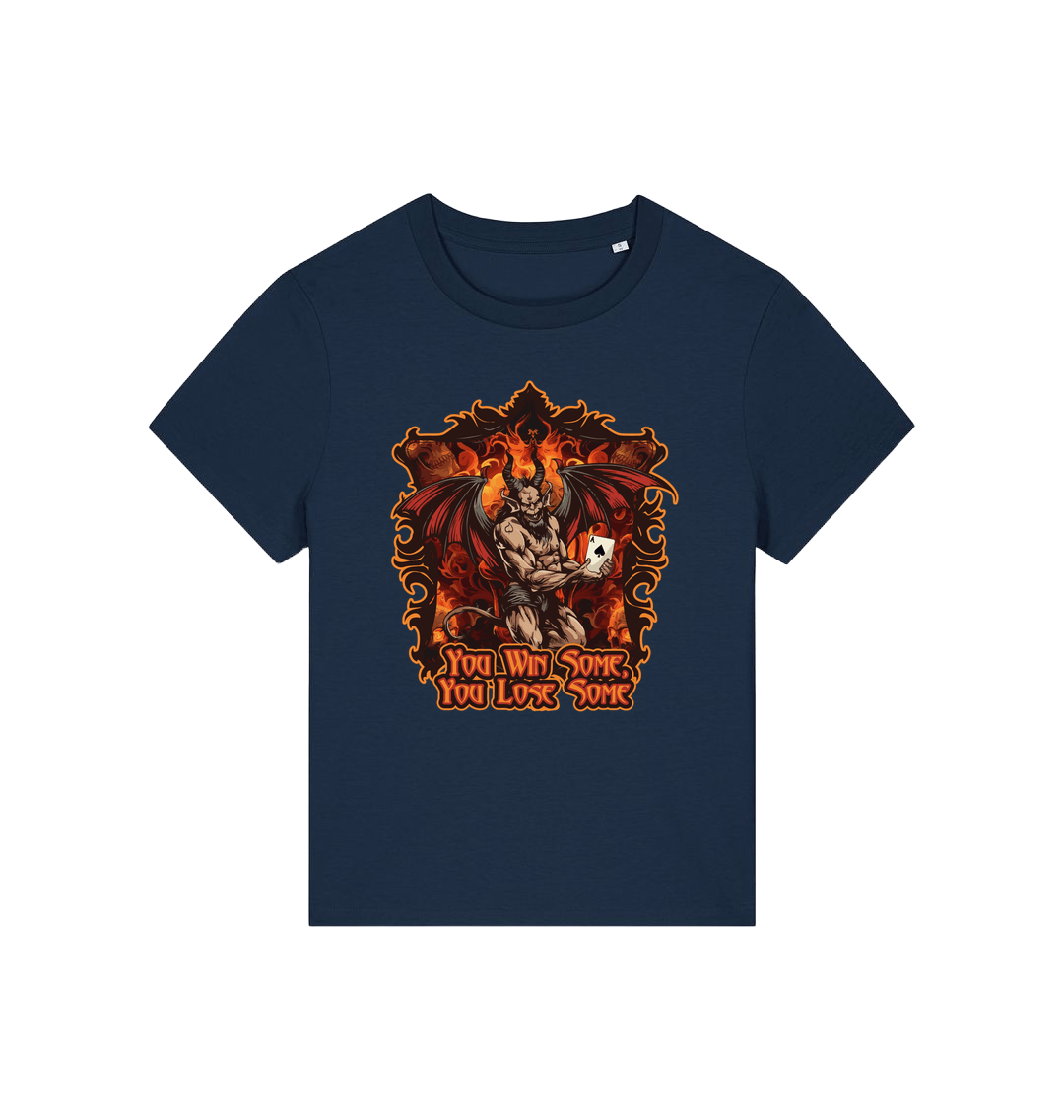 navy womens music t-shirt with the graphic of a devil holding a playing card and the slogan 'you win some you lose some'