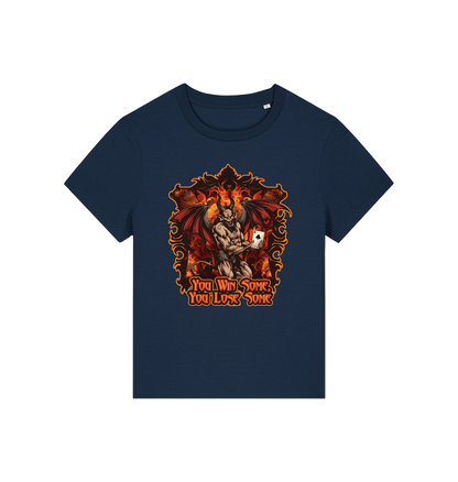 navy womens music t-shirt with the graphic of a devil holding a playing card and the slogan 'you win some you lose some'