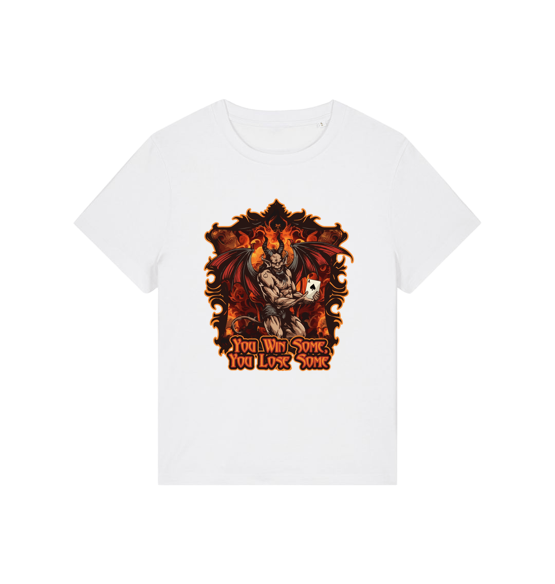 white womens music t-shirt with the graphic of a devil holding a playing card and the slogan 'you win some you lose some'