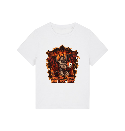 white womens music t-shirt with the graphic of a devil holding a playing card and the slogan 'you win some you lose some'