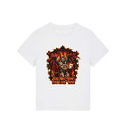 white womens music t-shirt with the graphic of a devil holding a playing card and the slogan 'you win some you lose some'