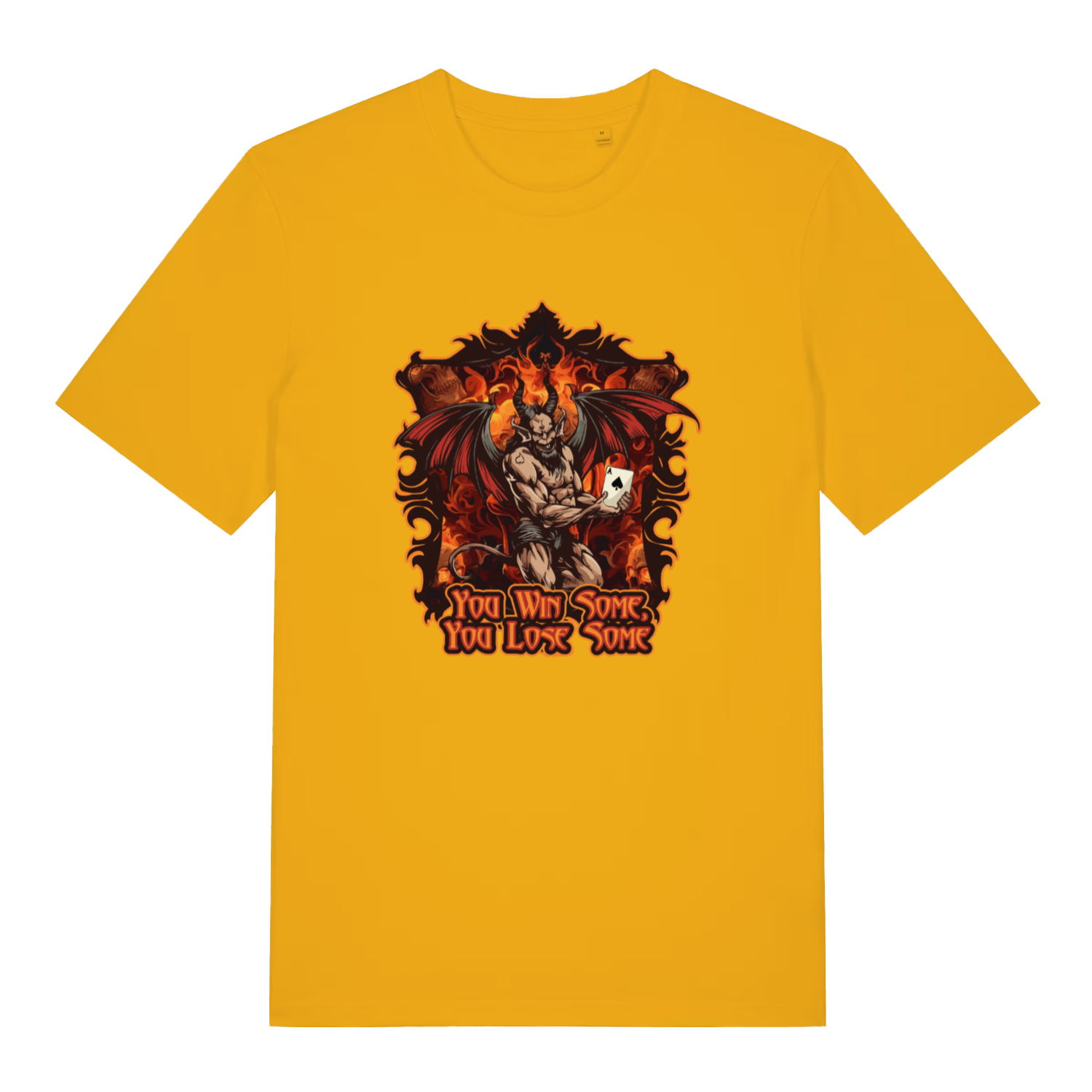 yellow women's music t-shirt with the graphic of a devil holding a playing card and the slogan 'you win some you lose some'