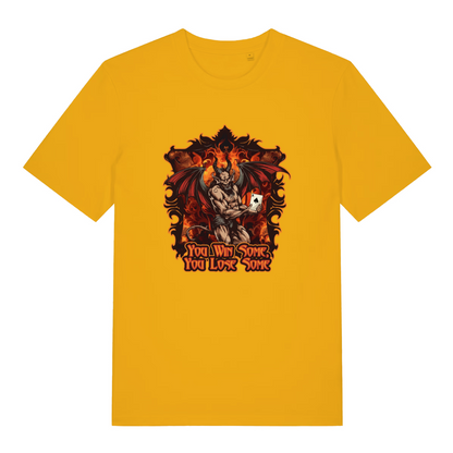 yellow women's music t-shirt with the graphic of a devil holding a playing card and the slogan 'you win some you lose some'