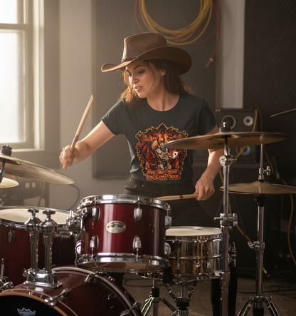 woman wearing a graphic t-shirt whilst playing the drums