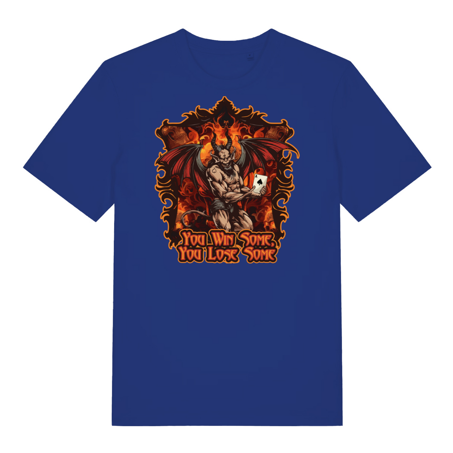 blue music t-shirt with the graphic of a devil holding a playing card and the slogan 'you win some, you lose some'