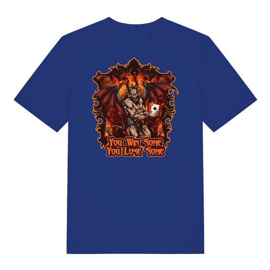 blue music t-shirt with the graphic of a devil holding a playing card and the slogan 'you win some, you lose some'